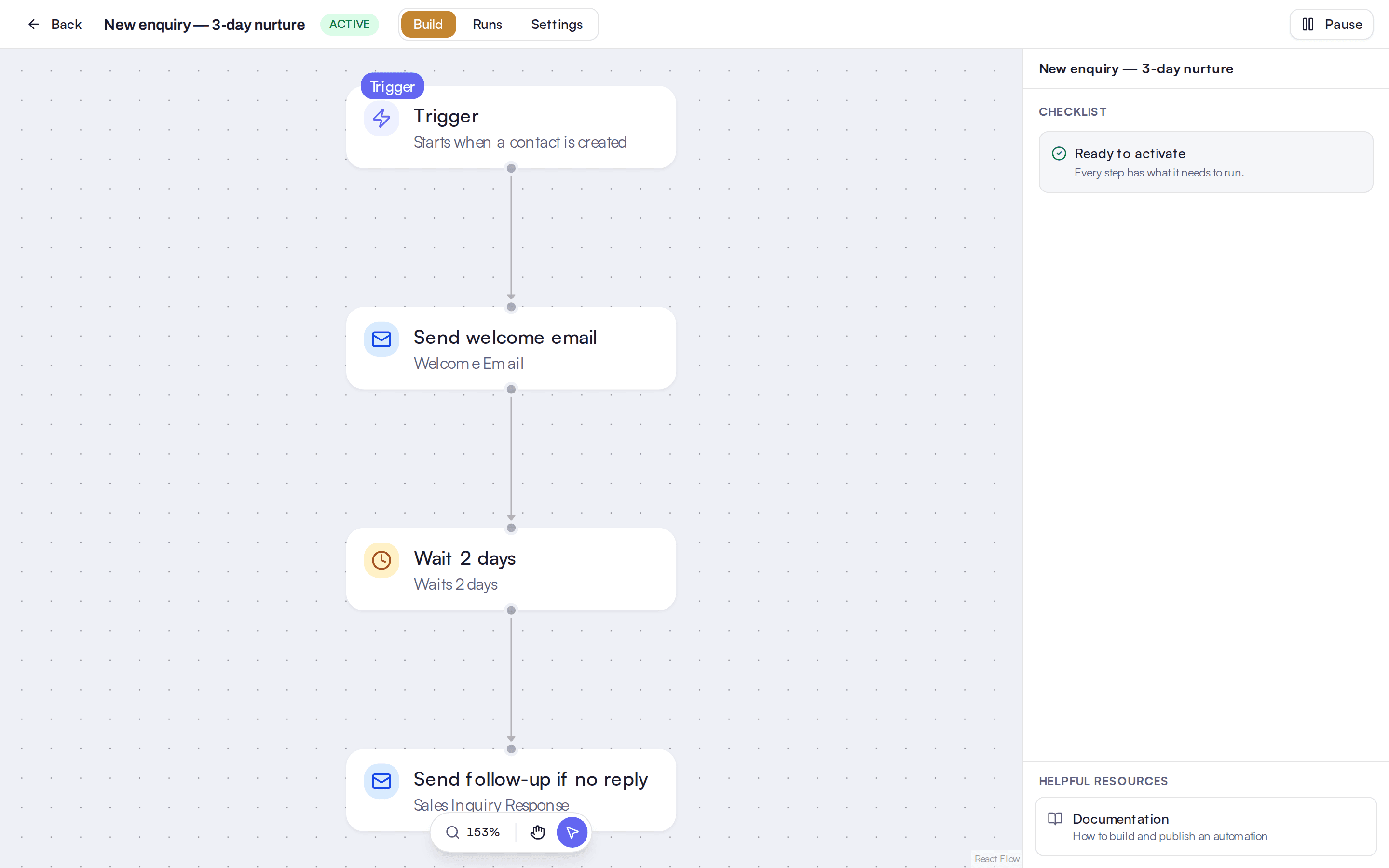 The automation canvas with a follow-up workflow laid out as connected steps.