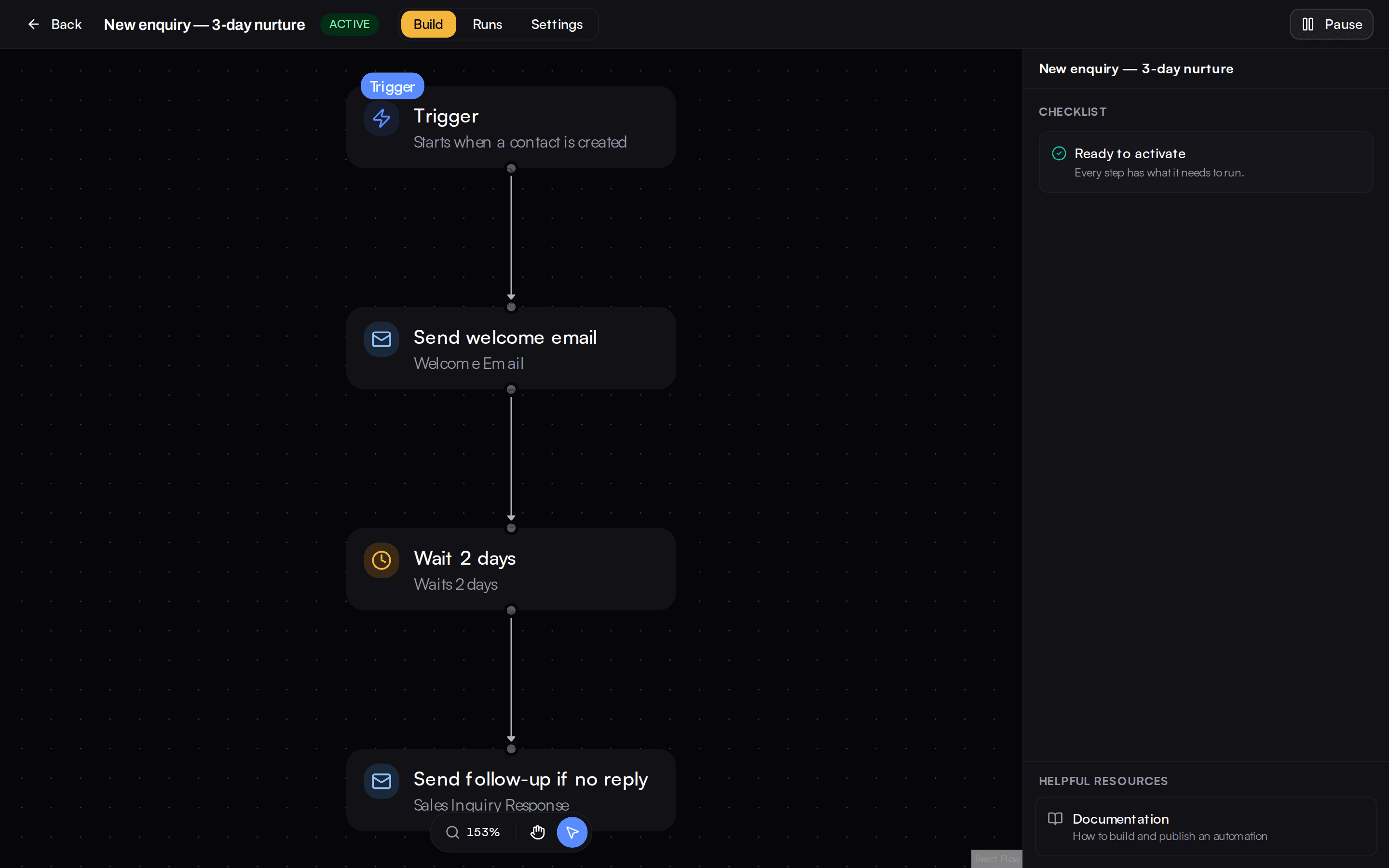 The automation canvas with a follow-up workflow laid out as connected steps.
