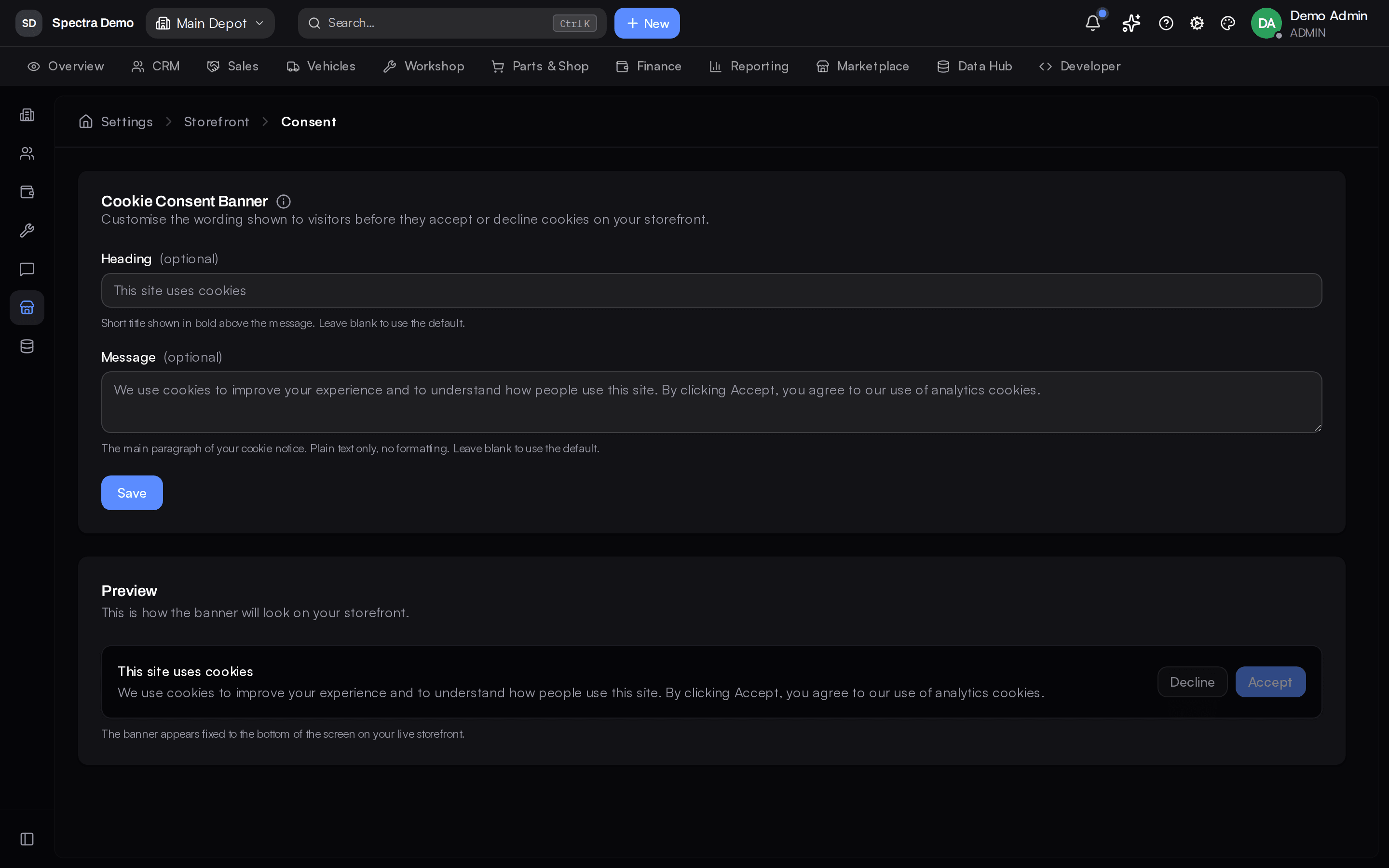 Consent management settings with per-contact marketing consent and retention rules