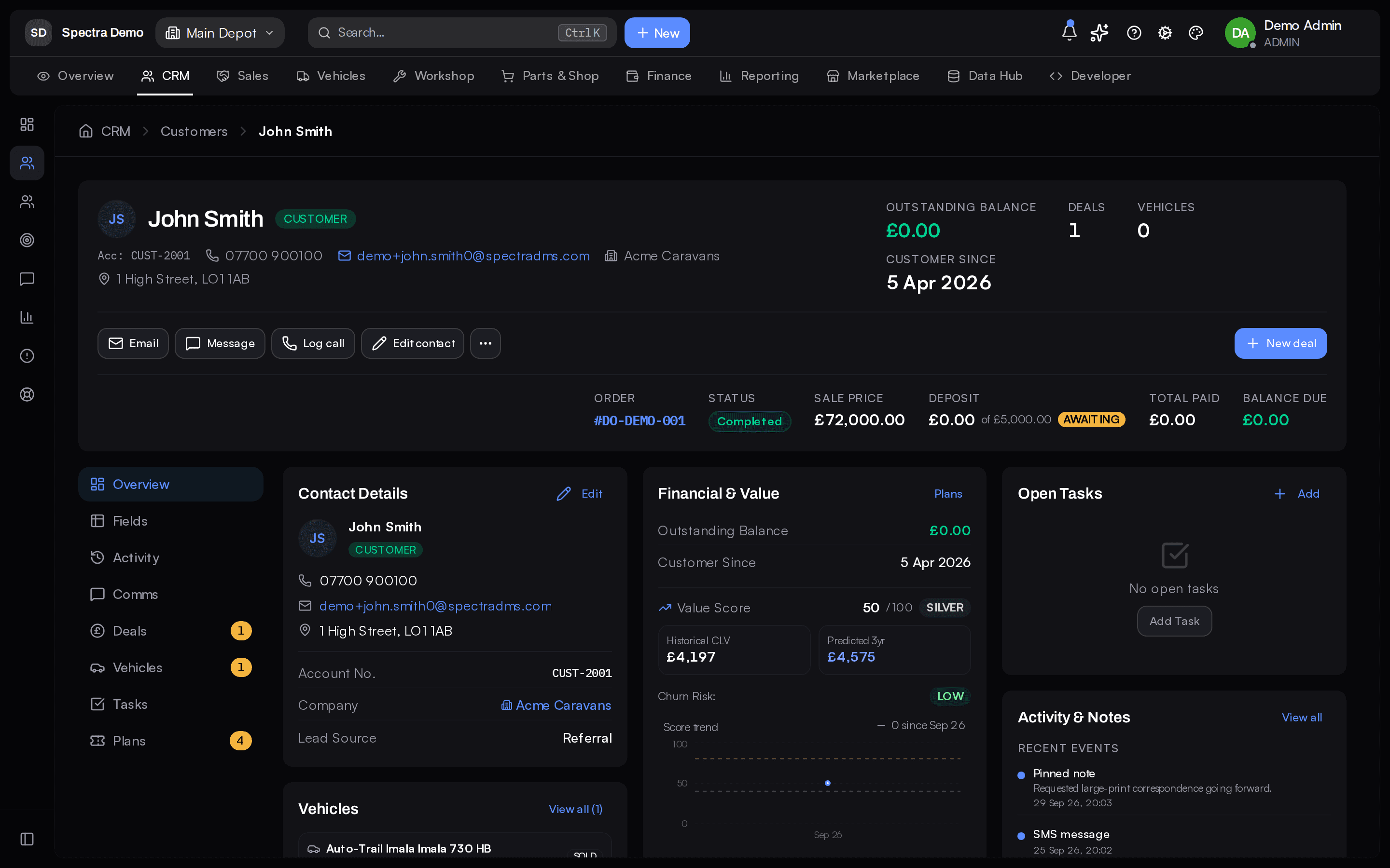 A Spectra contact record with recent activity, open deals, tasks and marketing consent on one page.
