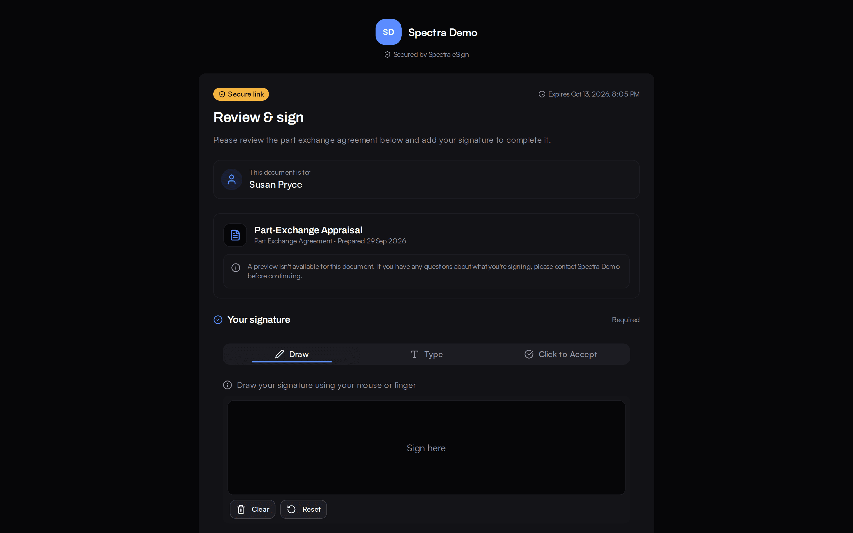 The dealer-branded e-signature page with a PDF preview of the document to sign.