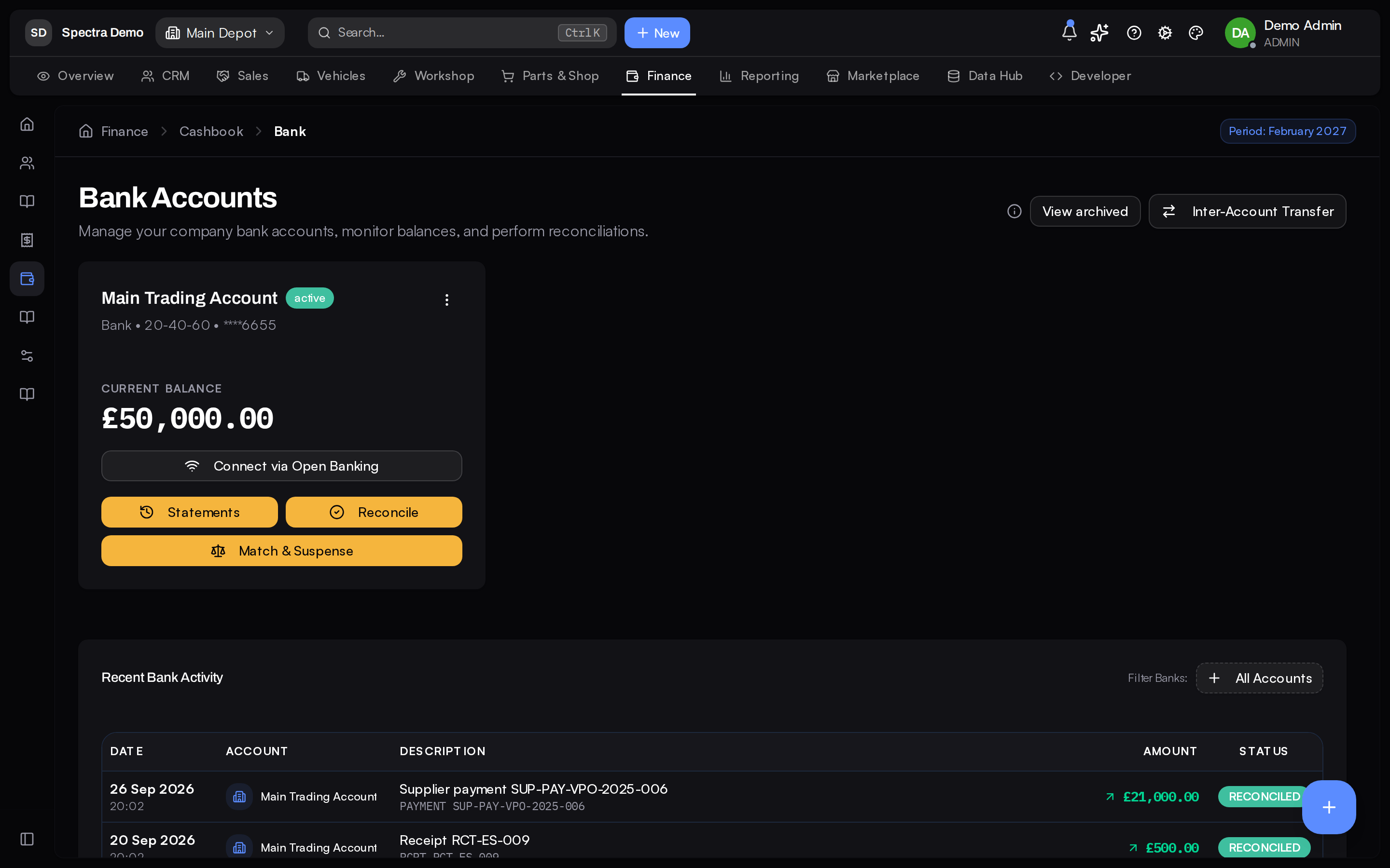 Bank accounts: a current balance, a Connect via Open Banking button, statements and reconcile actions, and recent bank activity marked reconciled.
