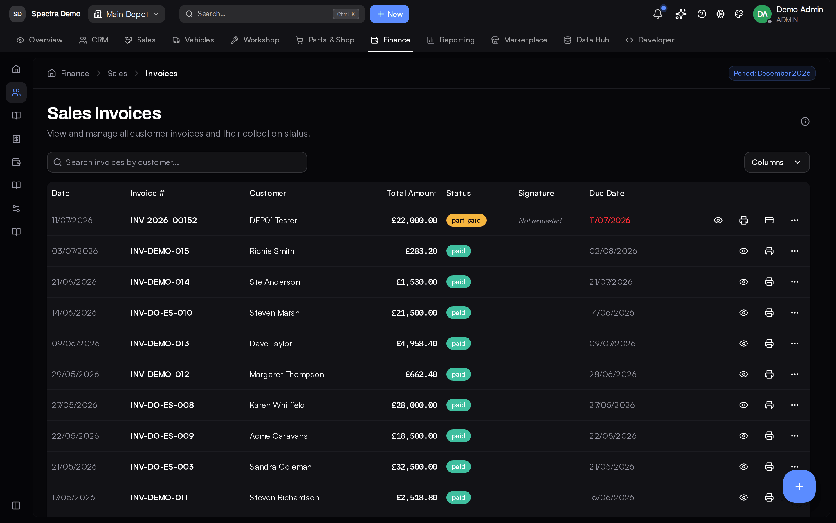 Sales invoices ledger with real invoice amounts and paid / part-paid collection status
