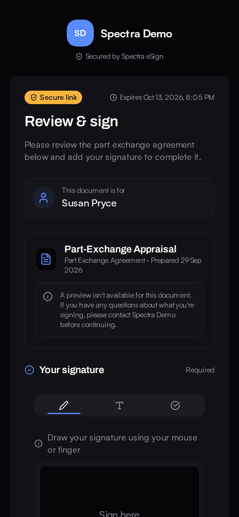 A contract open for e-signature on a phone