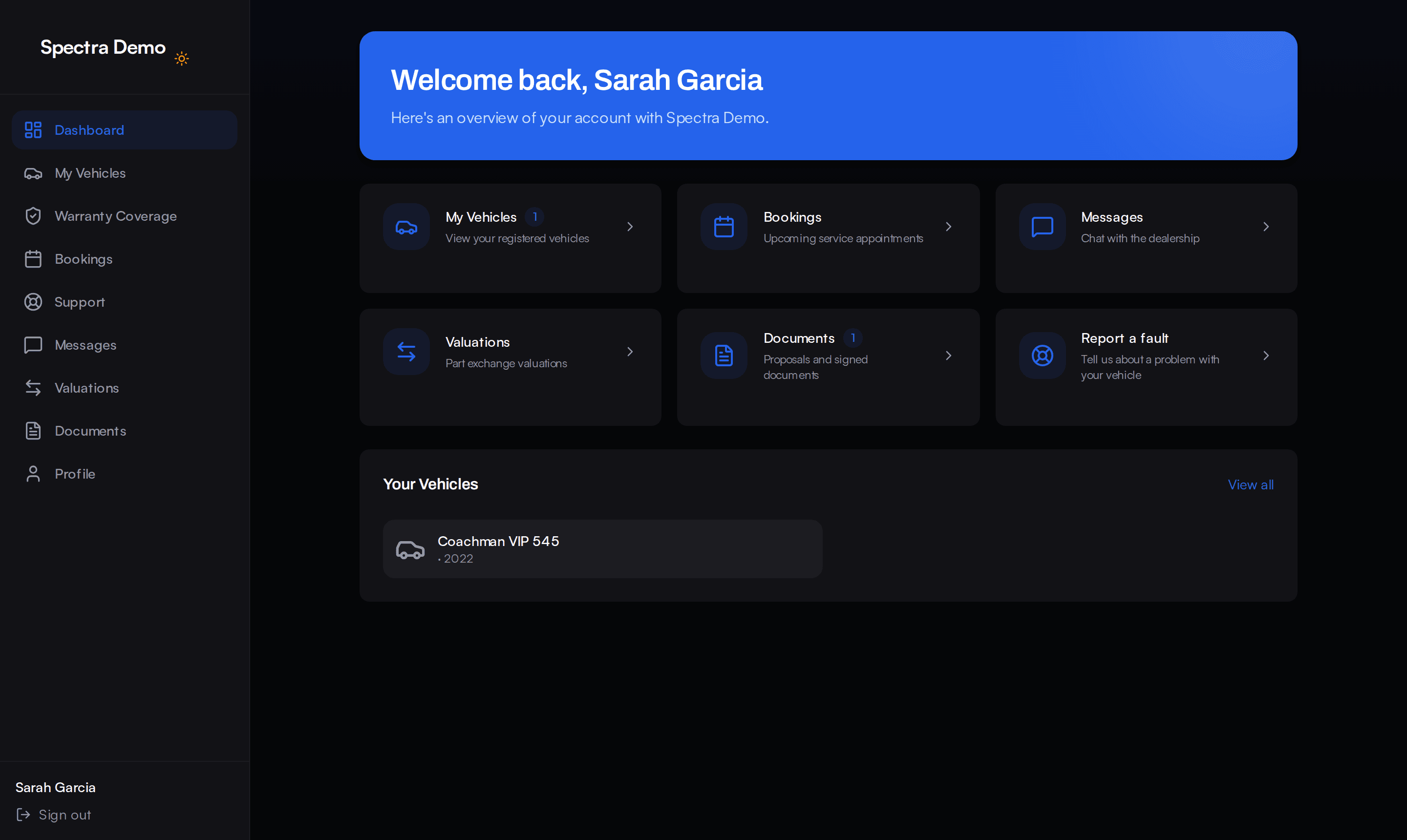 The customer portal home, showing a customer’s vehicle, warranty and upcoming booking.