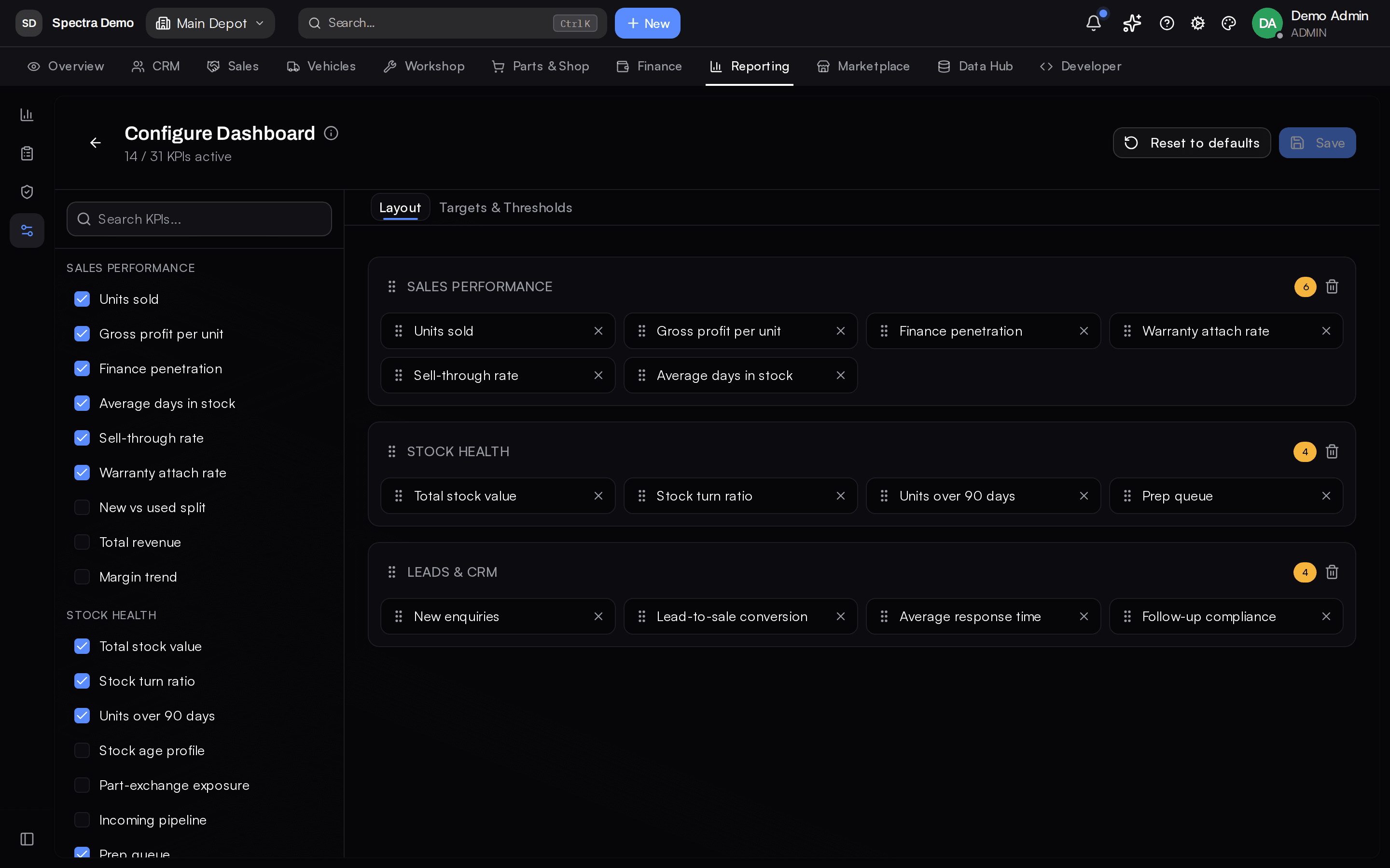 Custom report builder with filters, grouping and scheduled export options
