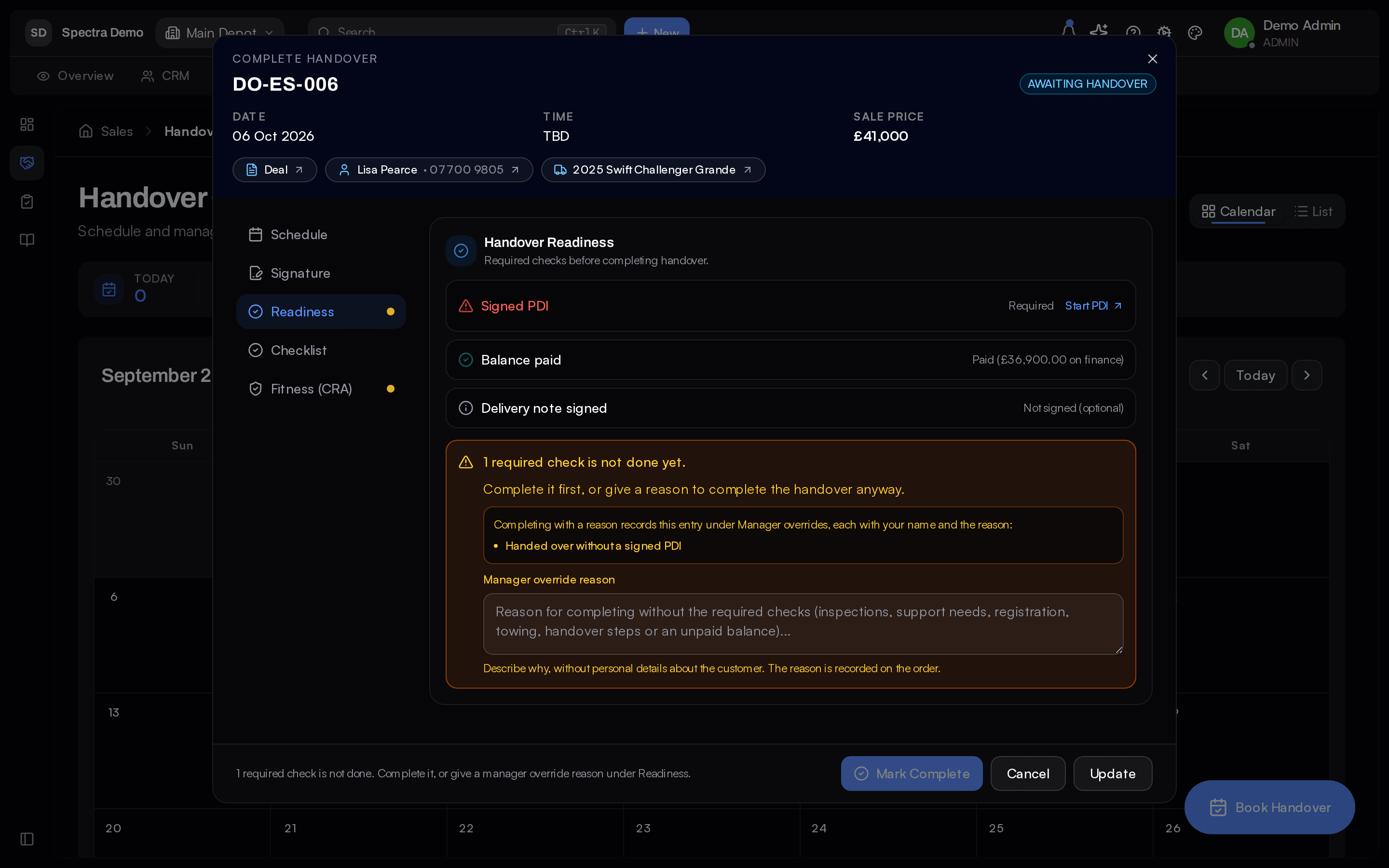 The complete-handover dialog: a signed PDI still missing, and a manager override that needs a reason
