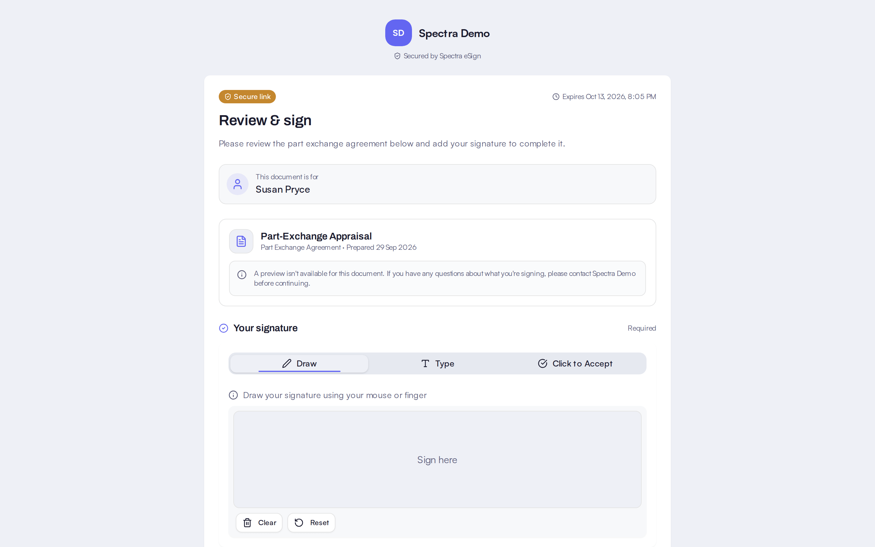The dealer-branded e-signature page with a PDF preview of the document to sign.