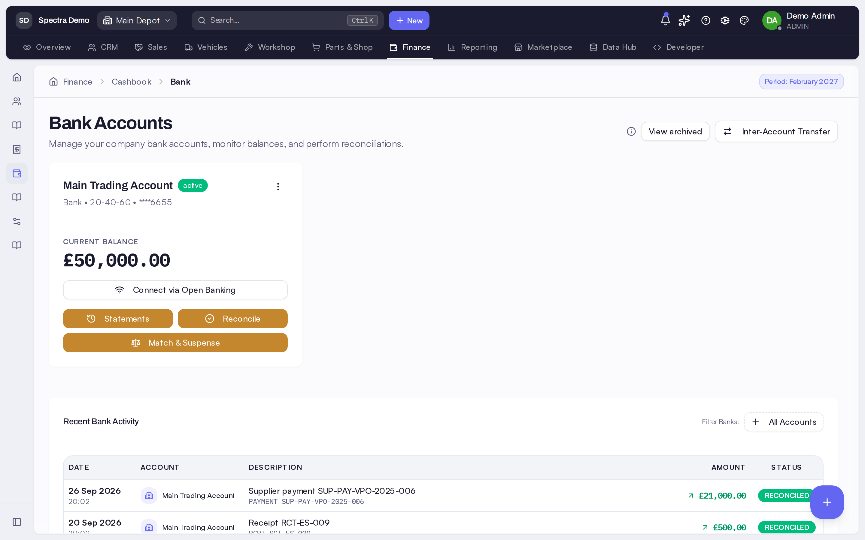 Bank accounts: a current balance, a Connect via Open Banking button, statements and reconcile actions, and recent bank activity marked reconciled.
