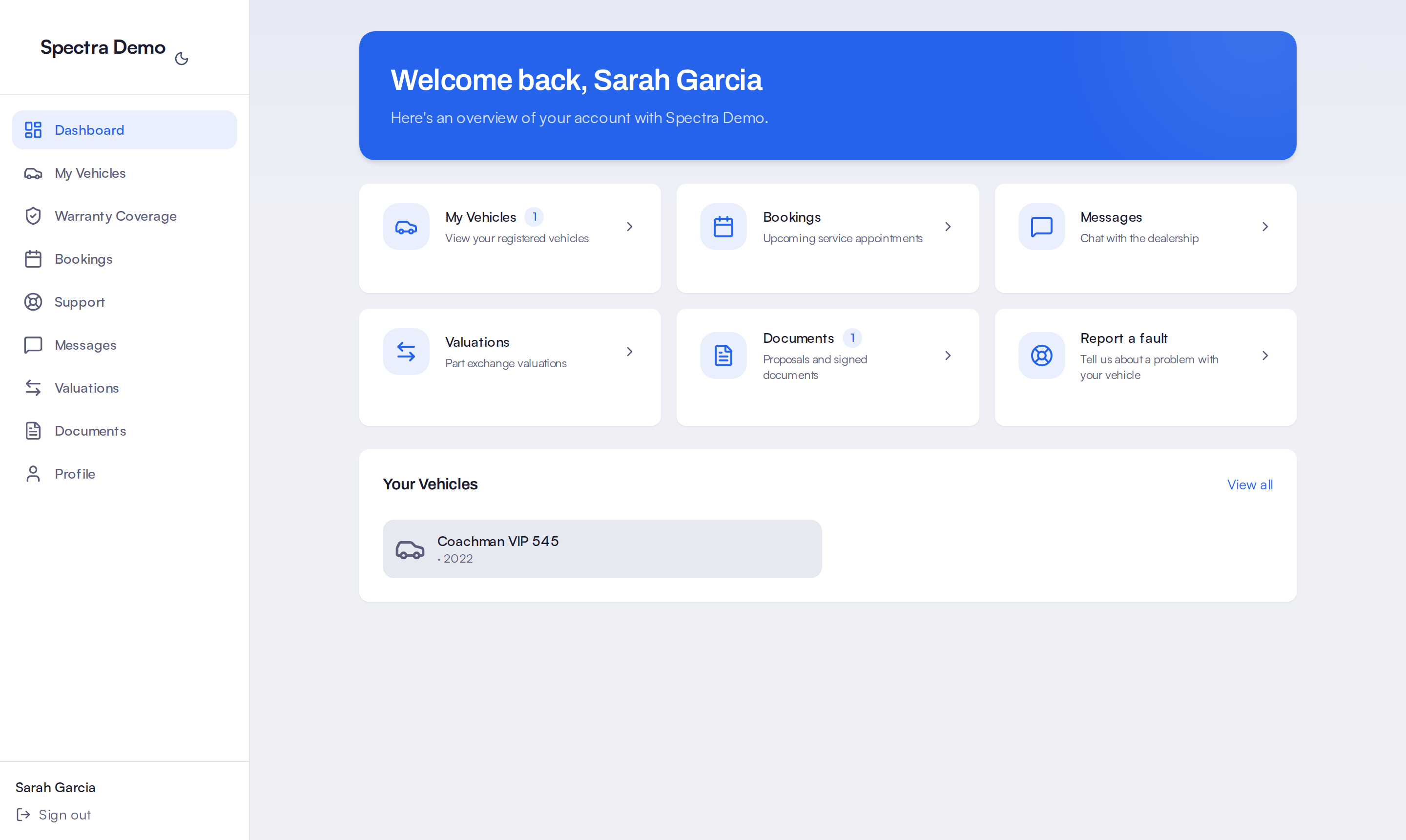 The customer portal home, showing a customer’s vehicle, warranty and upcoming booking.