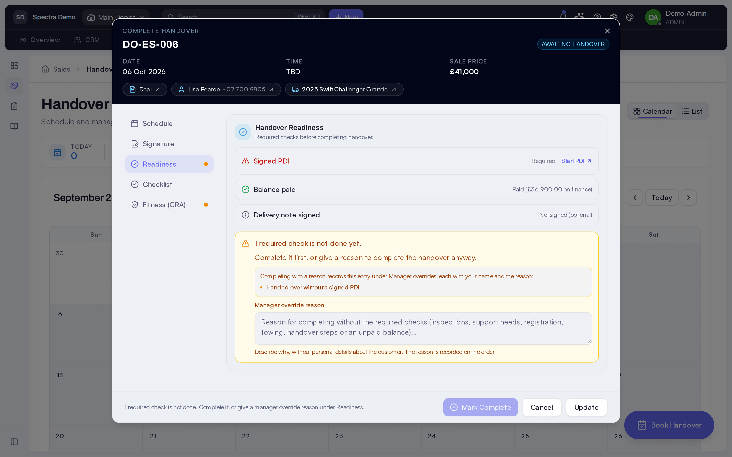 The complete-handover dialog: a signed PDI still missing, and a manager override that needs a reason
