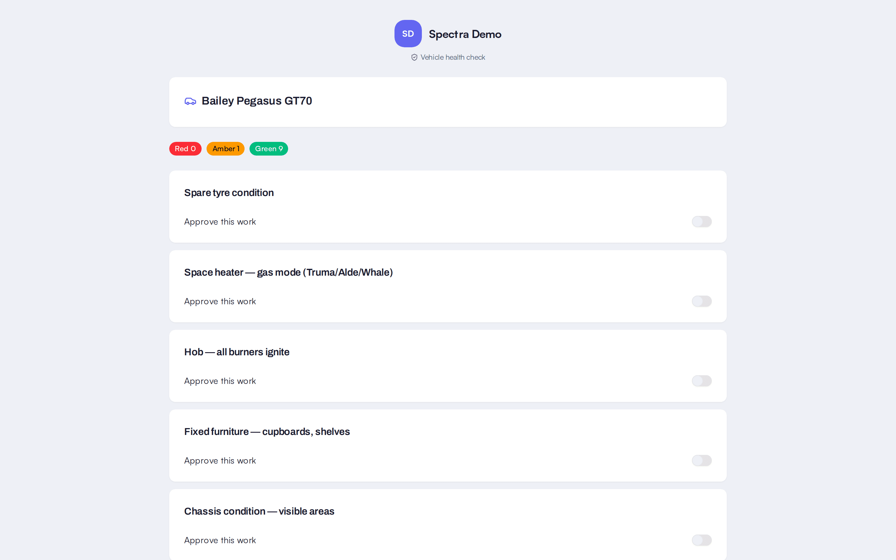 The customer health check report with approve and decline choices beside each item.